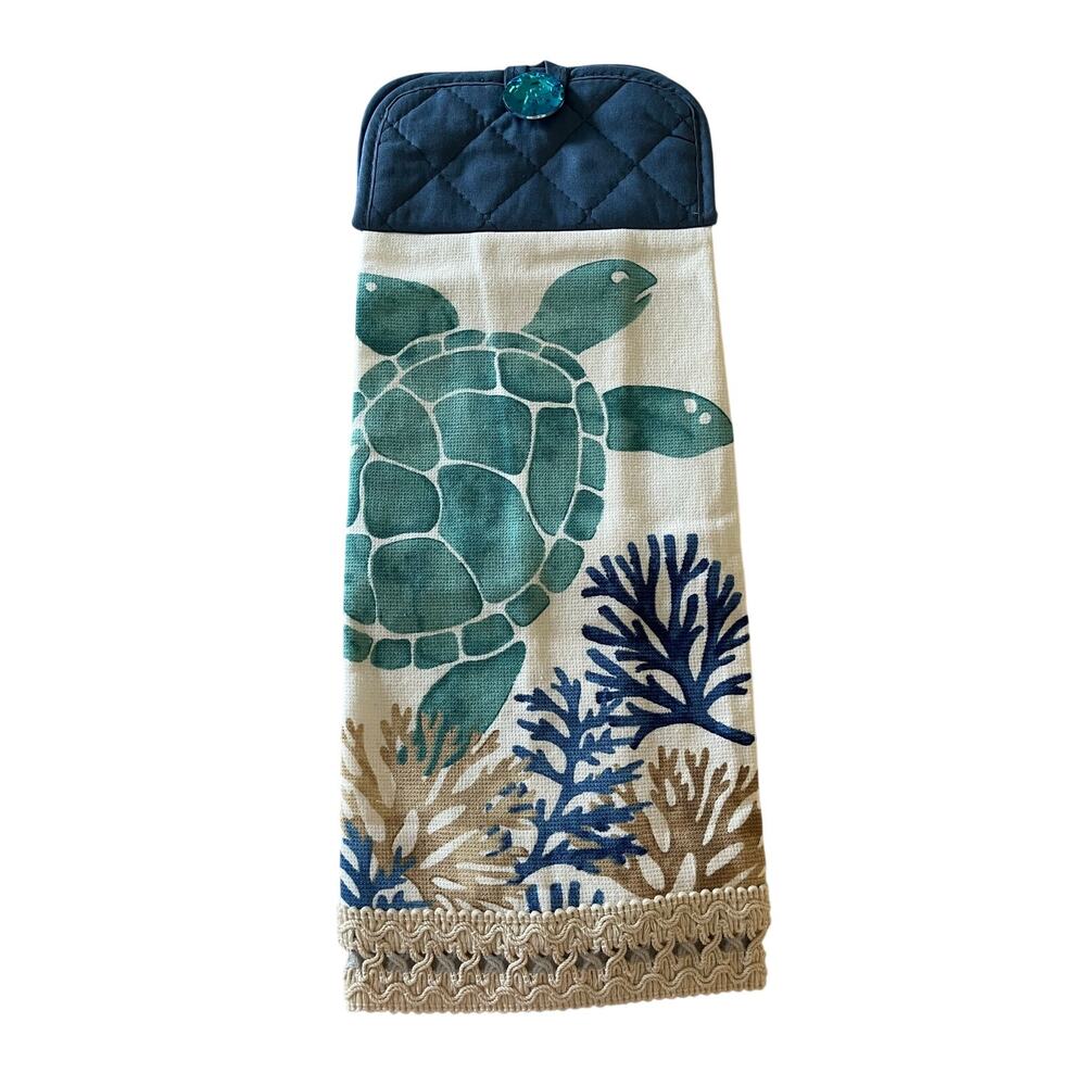 Handmade Nautical Hanging Towel Beachy Coastal Turtle Coral Blue